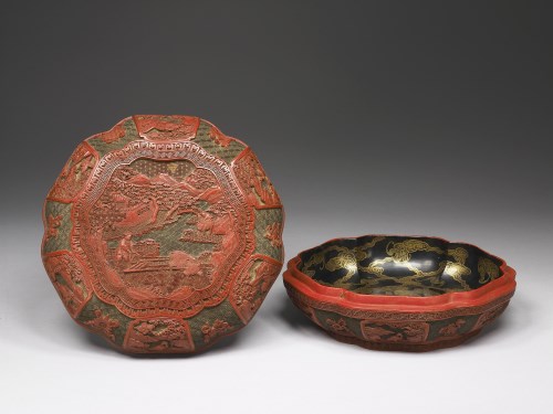 Petal-shaped carved lacquer case with agricultural illustrations