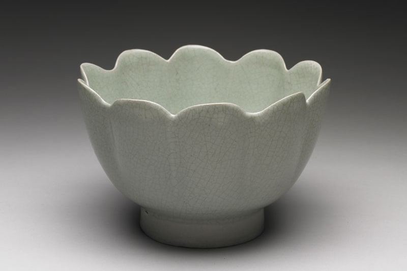 Lotus-shaped warming bowl in light bluish-green glaze