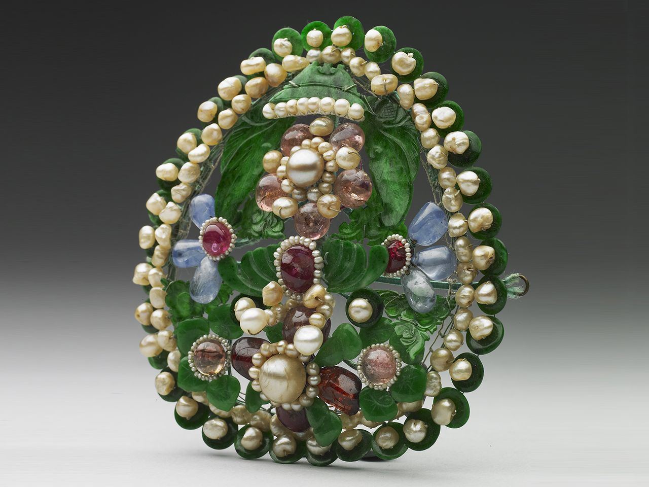 Jadeite Headdress inlaid with pearls and jewels (spinel, Tourmaline, sapphire)